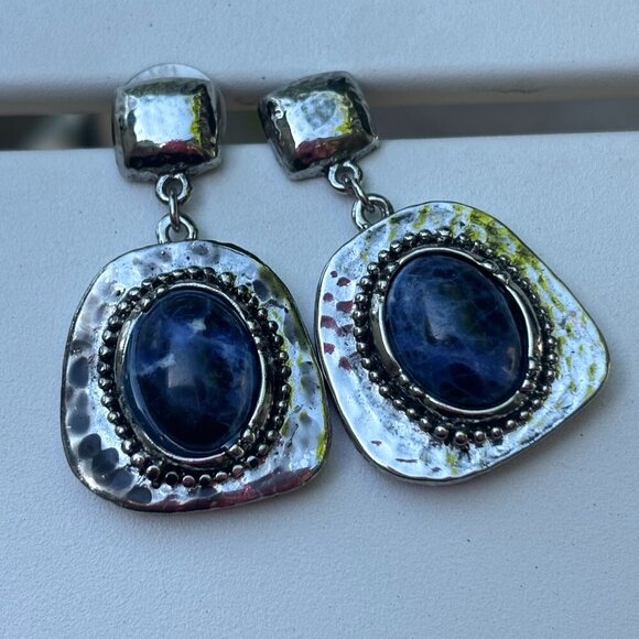 Sodalite Bold Blue Hammered Boho Silver Tone Metal Dangling Earrings - Picture 2 of 6